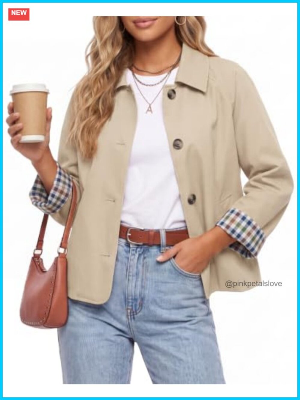 Women's Cropped Trench Coat Plaid Lining Button Down Casual Jacket